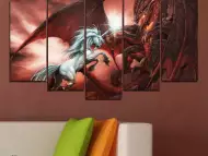 Картина пано за стена от 5 части - Еднорог срещу дракон