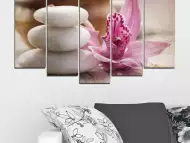Декоративно пано за стена от 5 части с орхидея и бели Дзен к