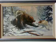 Мечка срещу кучета лайки, картина за ловци