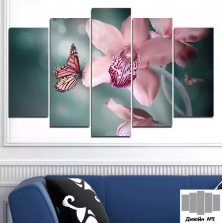 1. Снимка на Декоративно пано за стена с розова орхидея и пеперуда