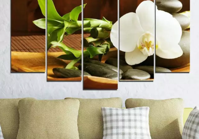 Декоративно пано за стена с бяла орхидея, Дзен камъни и бамб