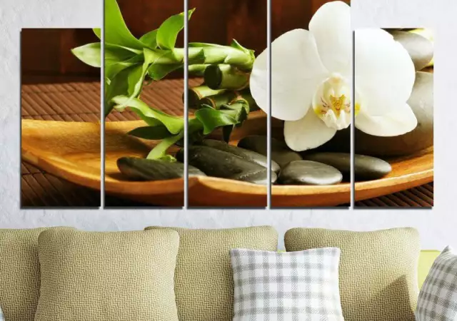 Декоративно пано за стена с бяла орхидея, Дзен камъни и бамб
