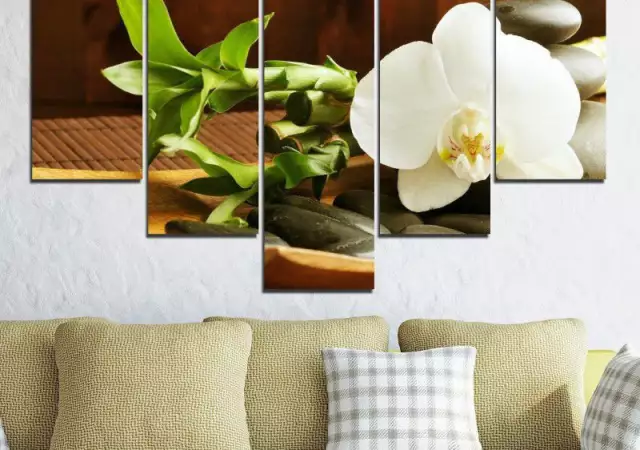 3. Снимка на Декоративно пано за стена с бяла орхидея, Дзен камъни и бамб