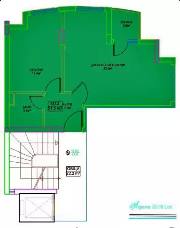 Двустаен, 61m2