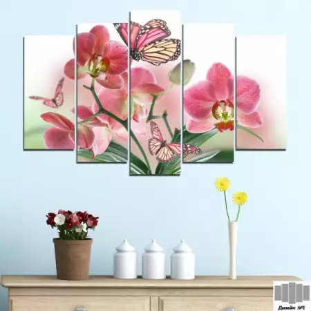 1. Снимка на Декоративно пано за стена от 5 части - Рисувана розова орхид