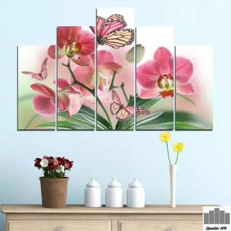 Декоративно пано за стена от 5 части - Рисувана розова орхид