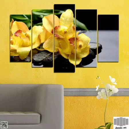 1. Снимка на Декоративно пано за стена от 5 части с жълта орхидея и Дзен
