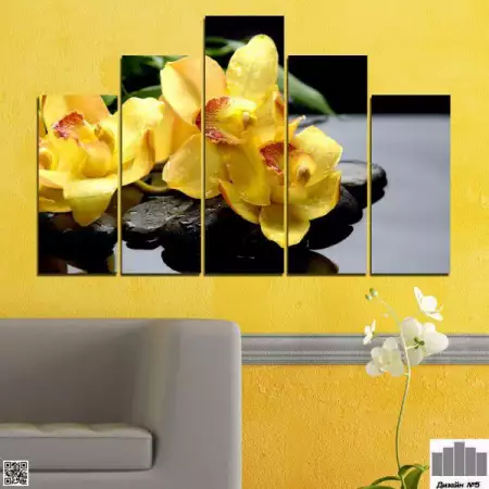 2. Снимка на Декоративно пано за стена от 5 части с жълта орхидея и Дзен