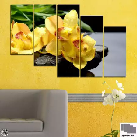 Декоративно пано за стена от 5 части с жълта орхидея и Дзен