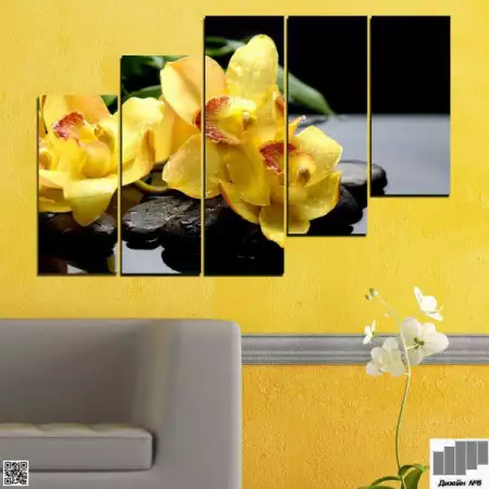 Декоративно пано за стена от 5 части с жълта орхидея и Дзен