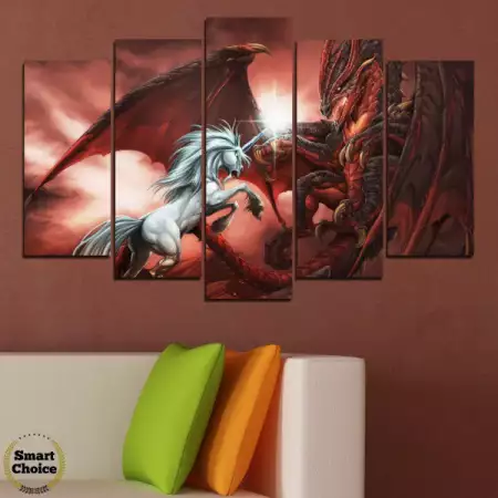 1. Снимка на Картина пано за стена от 5 части - Еднорог срещу дракон
