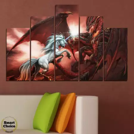 2. Снимка на Картина пано за стена от 5 части - Еднорог срещу дракон