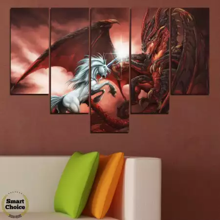 3. Снимка на Картина пано за стена от 5 части - Еднорог срещу дракон