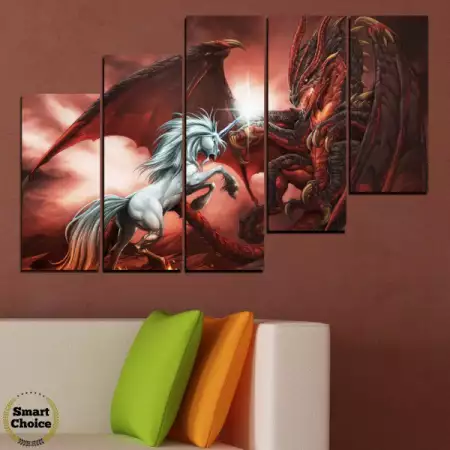 5. Снимка на Картина пано за стена от 5 части - Еднорог срещу дракон
