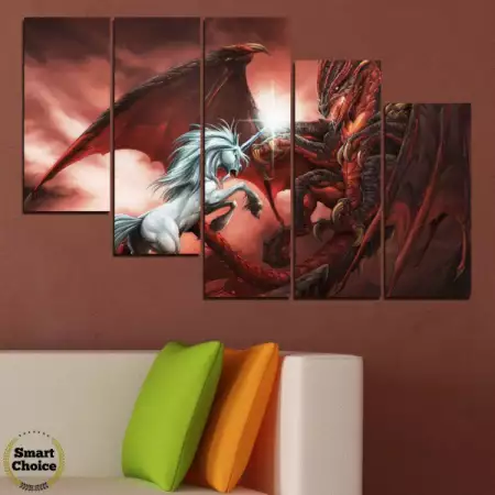 4. Снимка на Картина пано за стена от 5 части - Еднорог срещу дракон