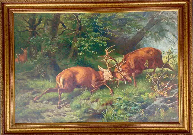 1. Снимка на Биещи се елени в гора, картина за ловци