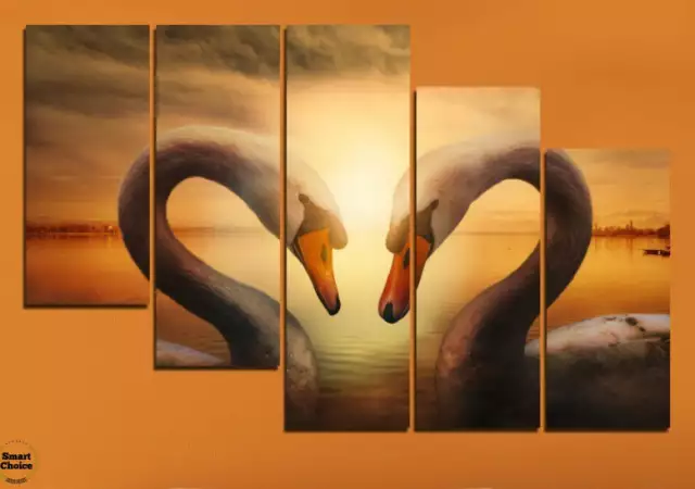 4. Снимка на Декоративно пано за стена от 5 части - Сърце от лебеди