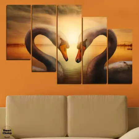 Декоративно пано за стена от 5 части - Сърце от лебеди
