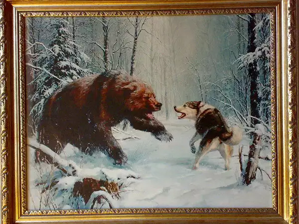Мечка срещу куче, картина за ловци