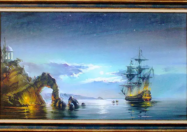 Лунна нощ, морски пейзаж с кораб, картина