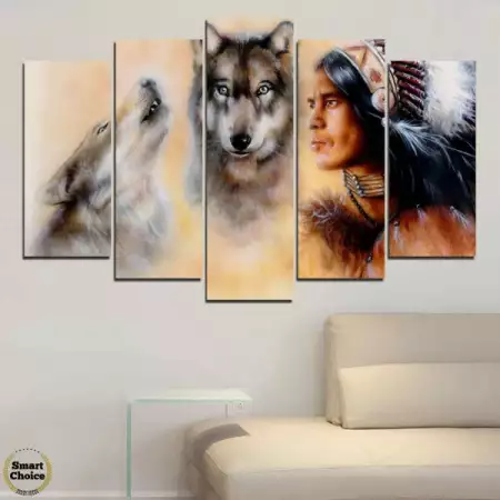 Индиански воин и двойка вълци - пано за стена