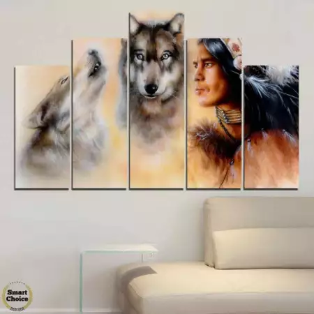 2. Снимка на Индиански воин и двойка вълци - пано за стена