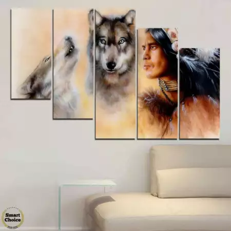 4. Снимка на Индиански воин и двойка вълци - пано за стена