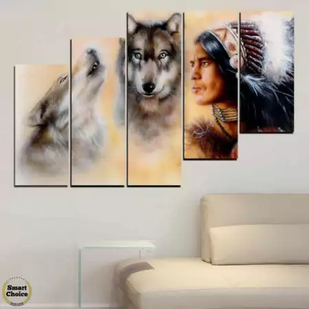 5. Снимка на Индиански воин и двойка вълци - пано за стена