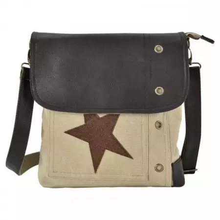 2. Снимка на Дамска чанта от лен - бежово - кафява звезда