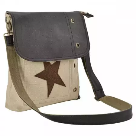 1. Снимка на Дамска чанта от лен - бежово - кафява звезда