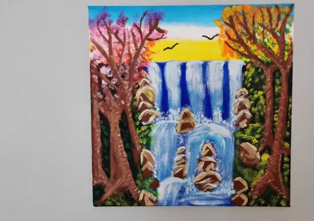 Красива авторска картина - акрил, канава, пейзаж водопад