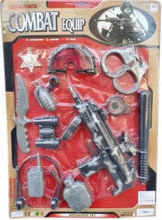 1. Снимка на Полицейски комплект с палка, автомат, белезници, бомба и ...