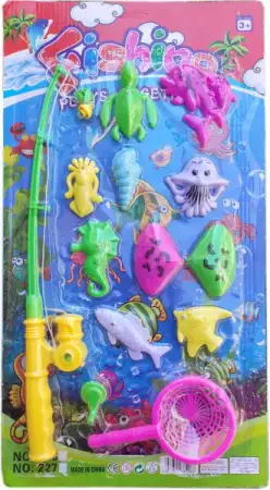 1. Снимка на Детска играчка комплект Въдица с риби и кепче 13 части