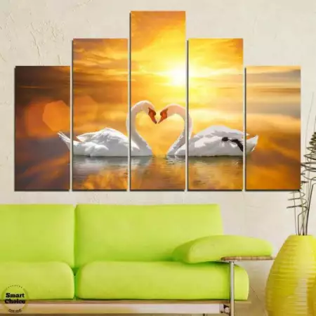 2. Снимка на Декоративно пано за стена от 5 части с двойка бели лебеди пр