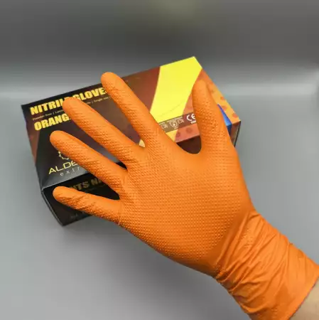 1. Снимка на Оранжеви, индустриални, нитрилни ръкавици с релефна текстура